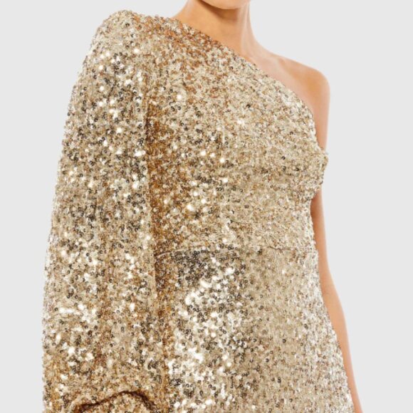 MAC DUGGAL 26717 GOLD SEQUINED ONE SHOULDER BISHOP SLEEVE TRUMPET GOWN sz 10 - Picture 2 of 7